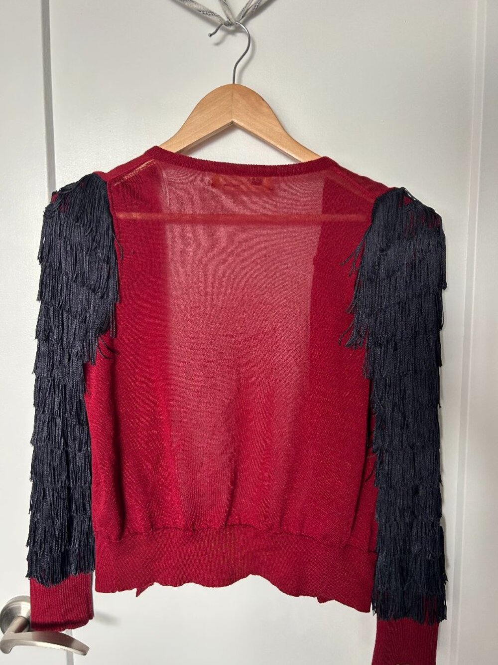 TOGA red top with black fringe sleeves